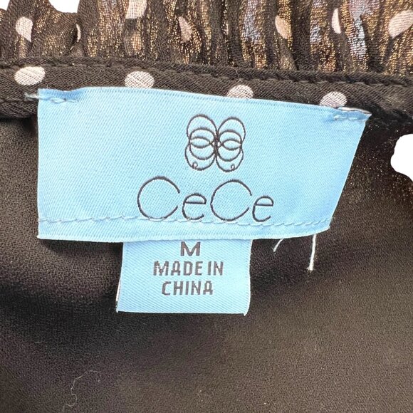 CeCe Black White Polka Dot Blouse Flutter Sleeve Size Medium - Picture 9 of 11